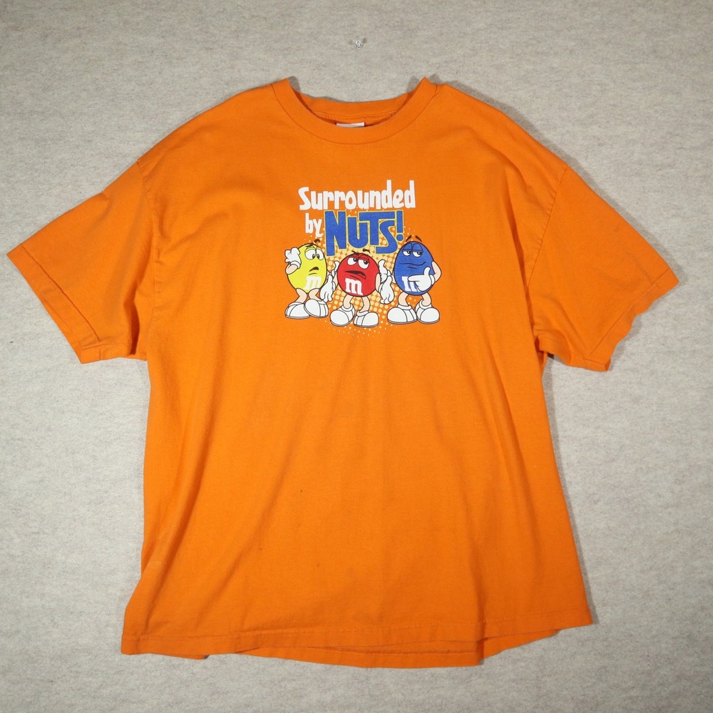 Vintage M&Ms World Shirt Mens 2XL Orange Surrounded By Nuts Graphic Tee Y2K